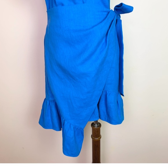 New! GOEN.J Wrap Effect Linen Ruffled Dress in Azure - Picture 6 of 11